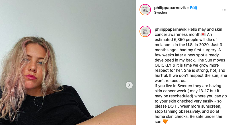 Philippa Parneviks instagraminlägg om sin hudcancer Philippa Parneviks instagraminlägg om sin hudcancer